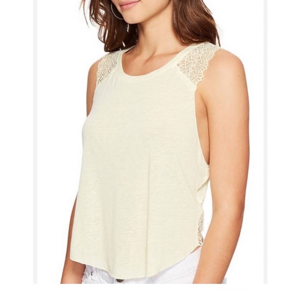 Free People We The Free‎ Lace Trim Crossover Open Back Linen Blend Tank Top Boho